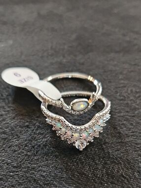 Sterling Silver Opal V-Shape Stackable Ring Set - White Opal